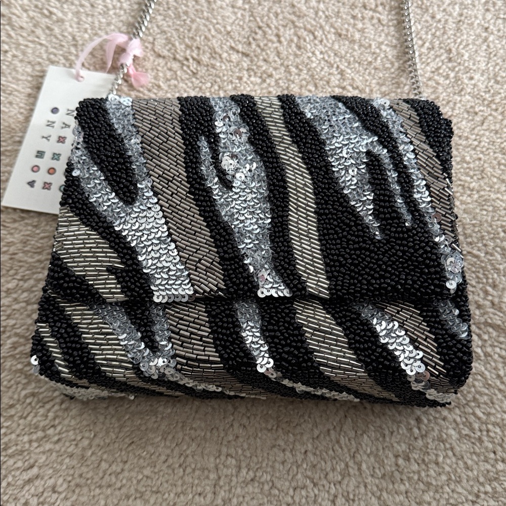 NWT Tiana NY Hand Beaded/Sequin Black Grey Silver Crossbody Bag - Picture 2 of 9